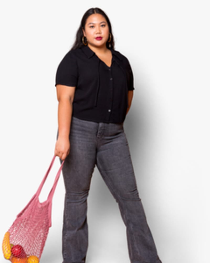 Front of a model wearing a size XL Iris Top in Black by Lovefool. | dia_product_style_image_id:249531